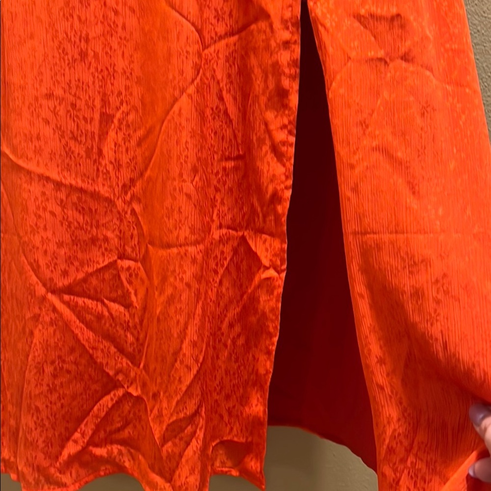 Leith Orange Red Smocked Midi Dress V-Neck Flutter Sleeve Side Slit Size XS - Picture 6 of 12